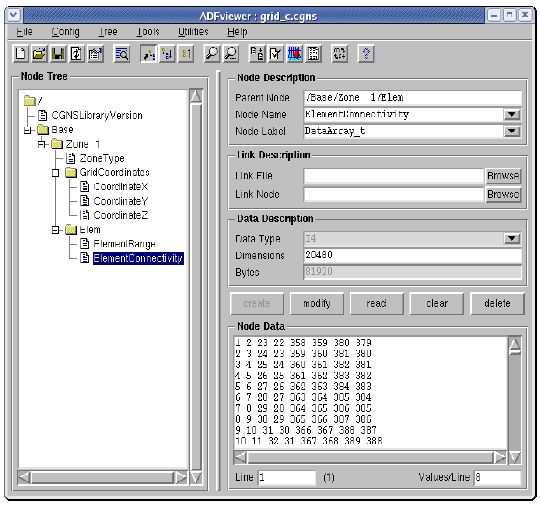ADFviewer window with zone, grid coordinates, and element nodes