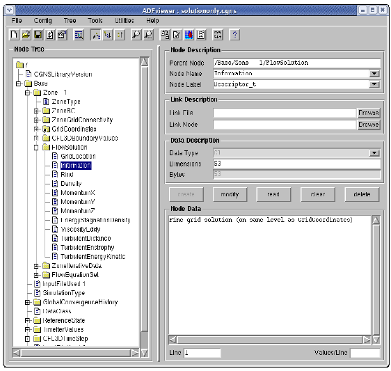 ADFviewer window with descriptor node for flow solution