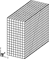 Figure showing a 21 by 17 by 9 Cartesian grid, with the origin in the front lower left corner