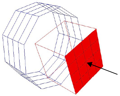 Figure showing a cylindrical grid attached to a cubical grid, with the cube inlet face highlighted